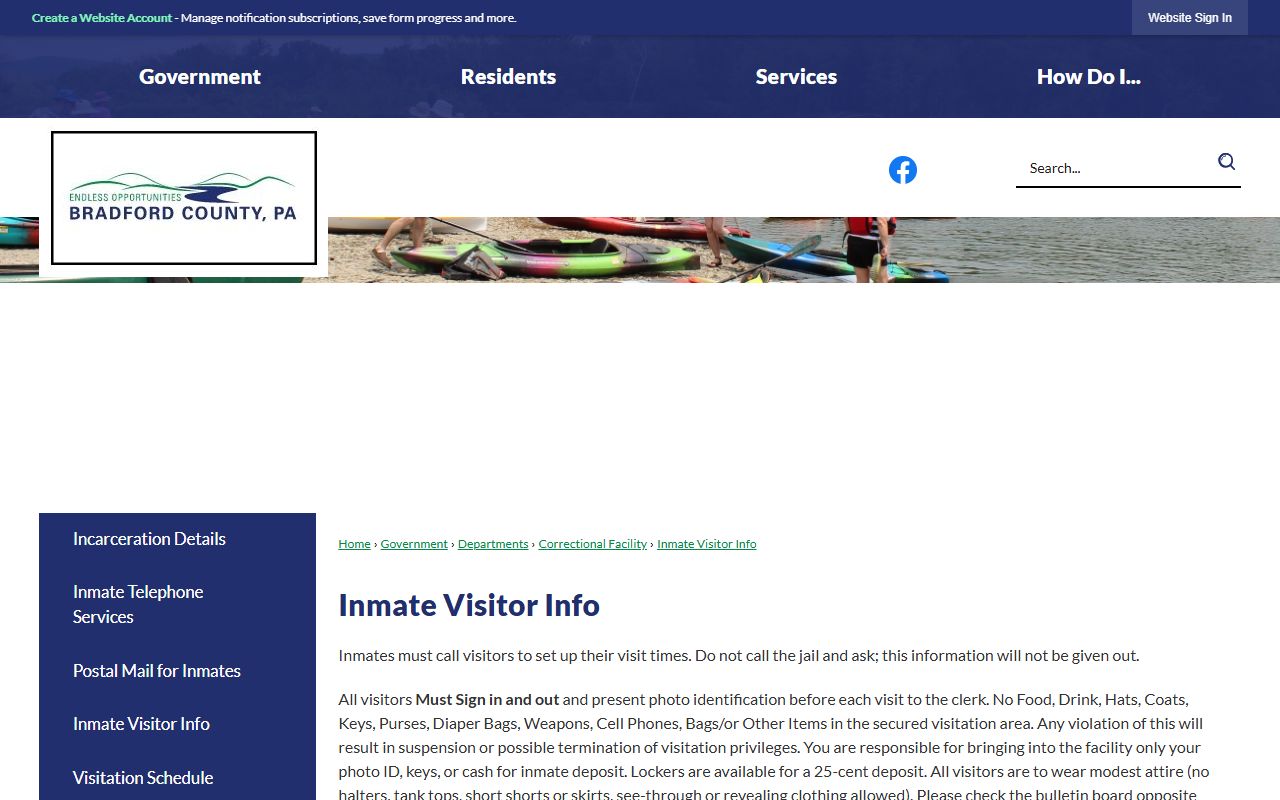 Bradford County Correctional Facility visitation rules for inmate visits