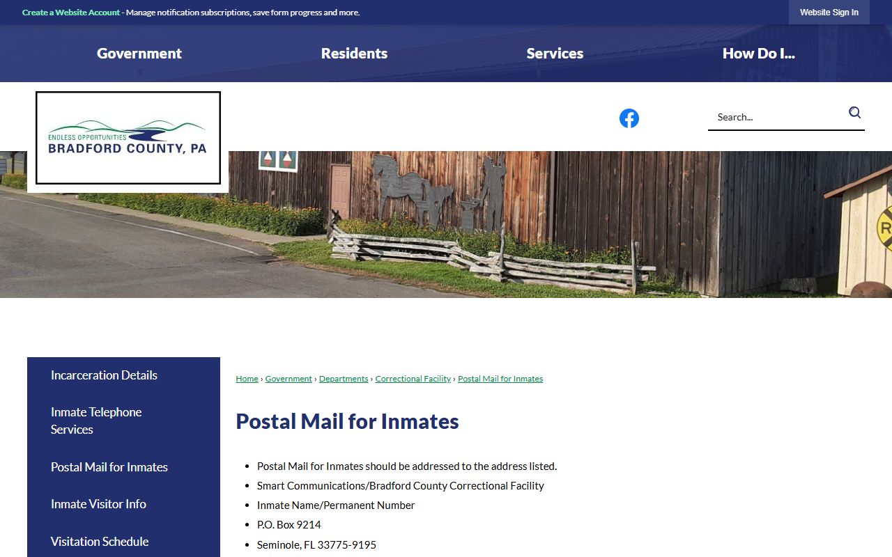 Bradford County inmate records mail address format