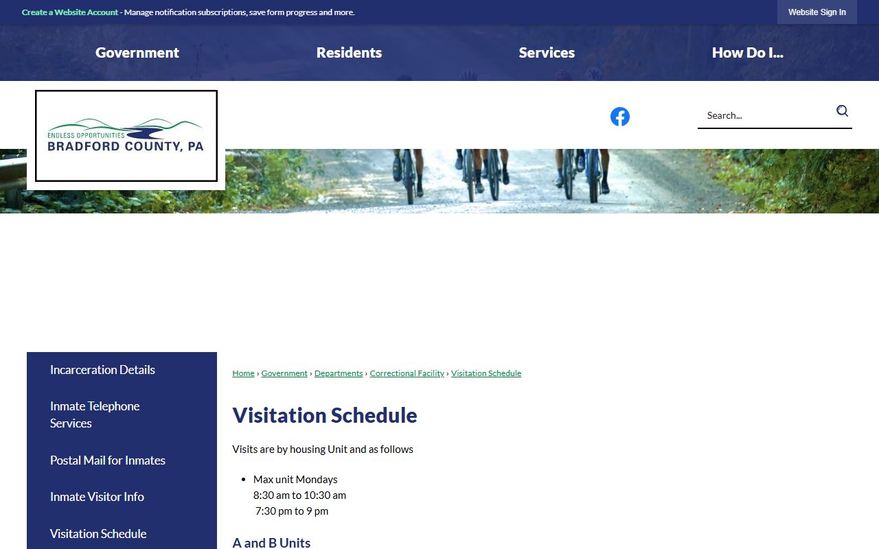 Bradford County inmate records visitation schedule by housing unit