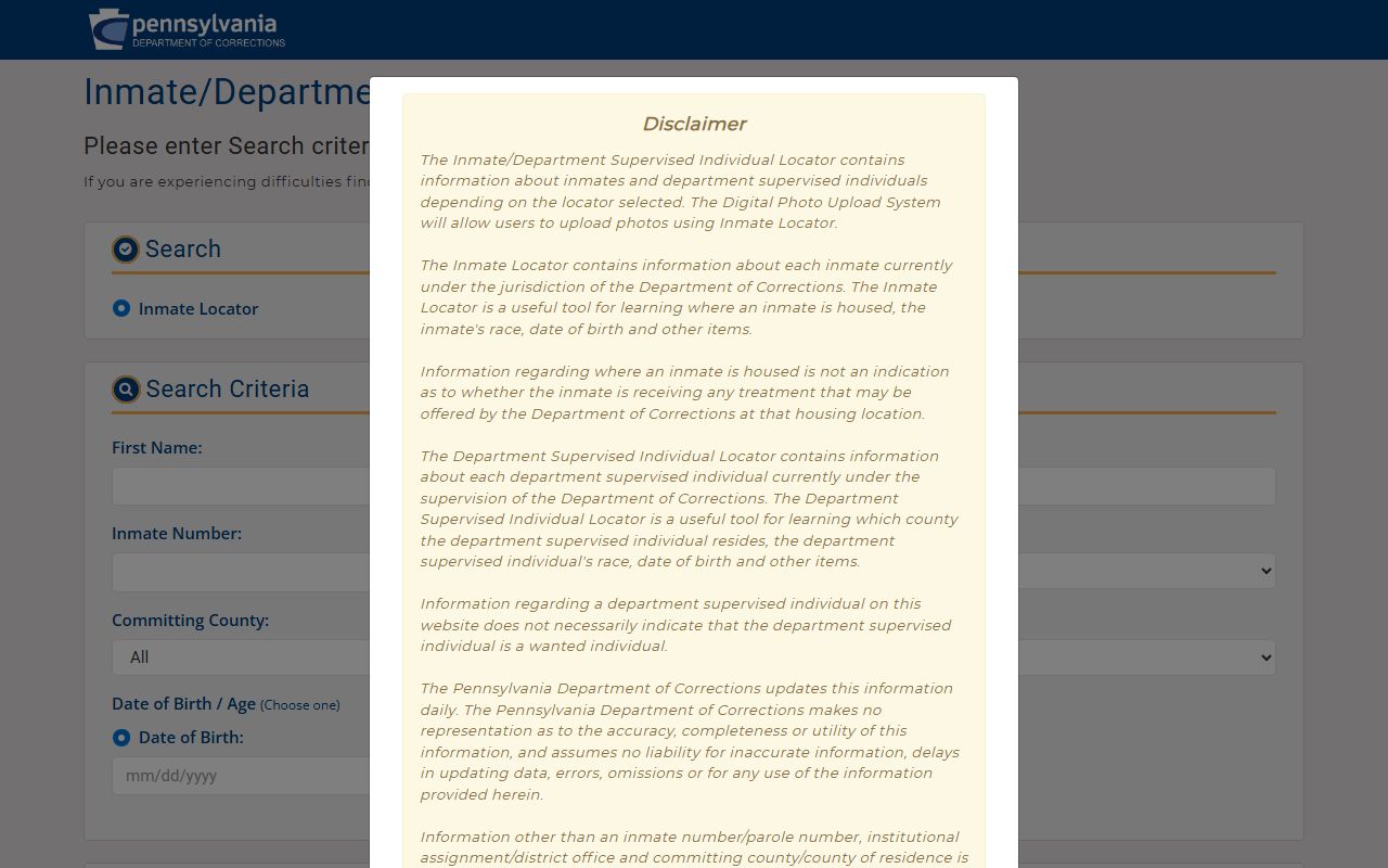 Bradford County inmate search through the PA DOC locator