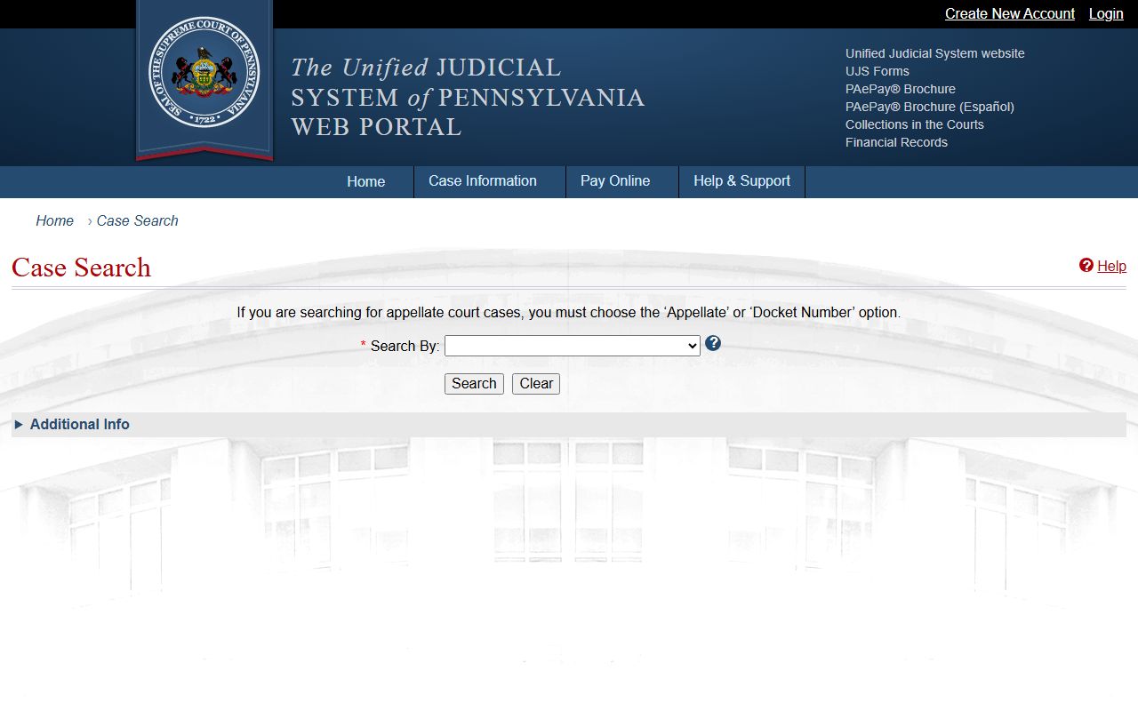 Bradford County court records after arrest UJS Case Search form